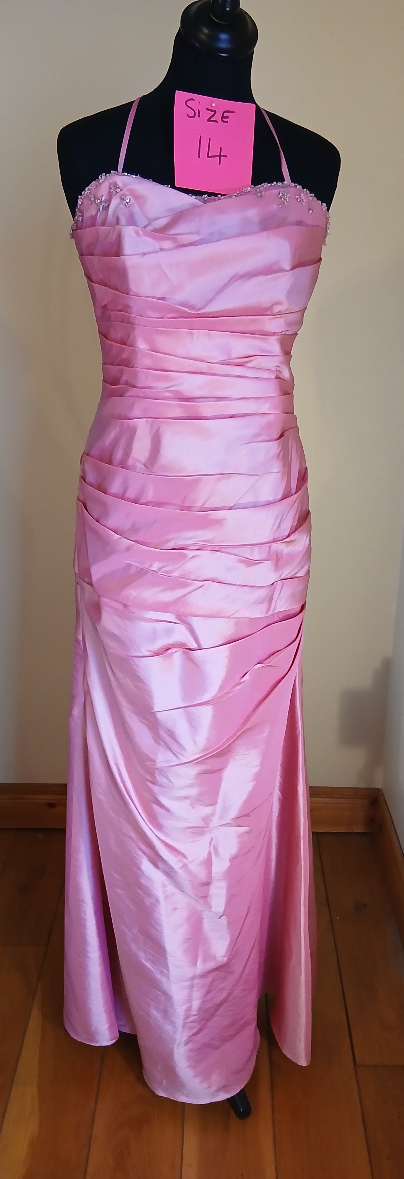 pink fitted taffeta dress with spaggeti straps and corset back clearance sale size 14