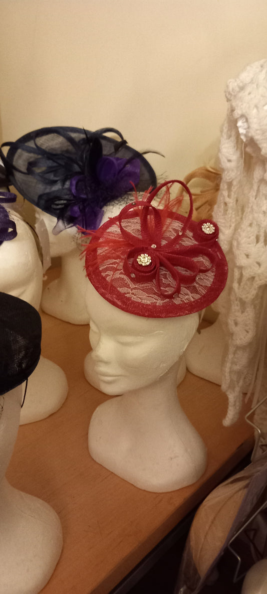 Cerise  pink  velma disk facinator  with white lace and silver diamanté stones