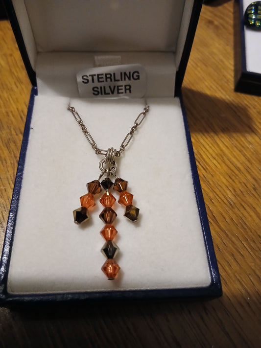Crystal drops necklace featuring brown and orange Swarovski crystals on sterling silver 925 chain"