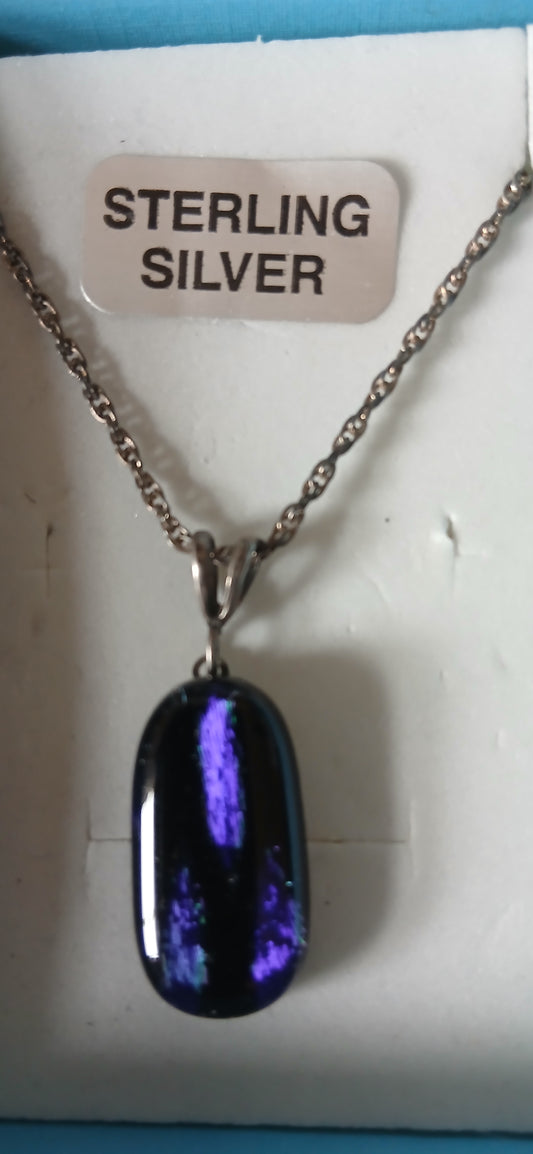 mesmerizing combination purple and black dichroic pendant on sterling silver chain in gift box