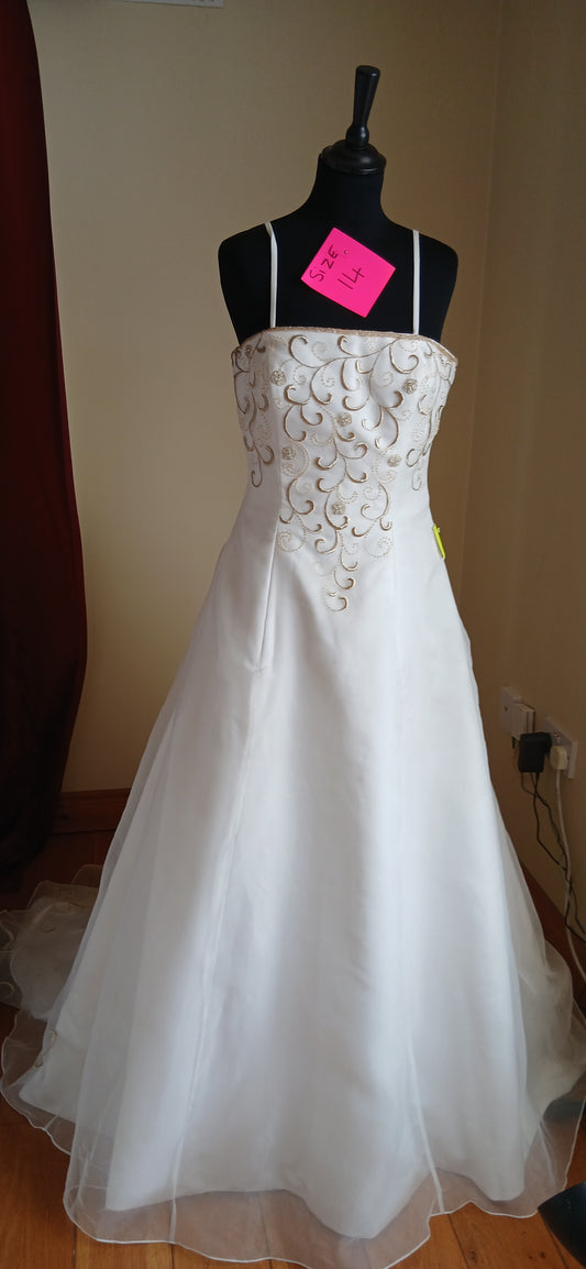 Wedding dress Holly size 14. This ivory gown, adorned with gold embroidery,