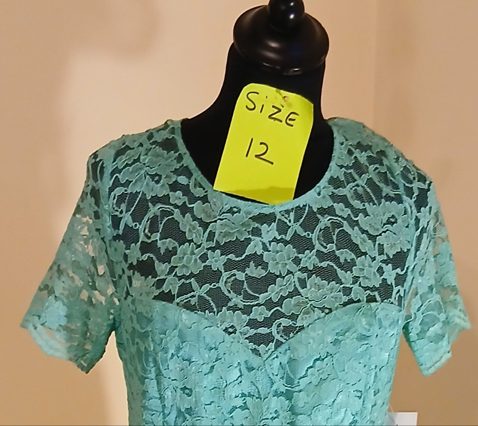  teal lace dress with round neckline cap sleeves 