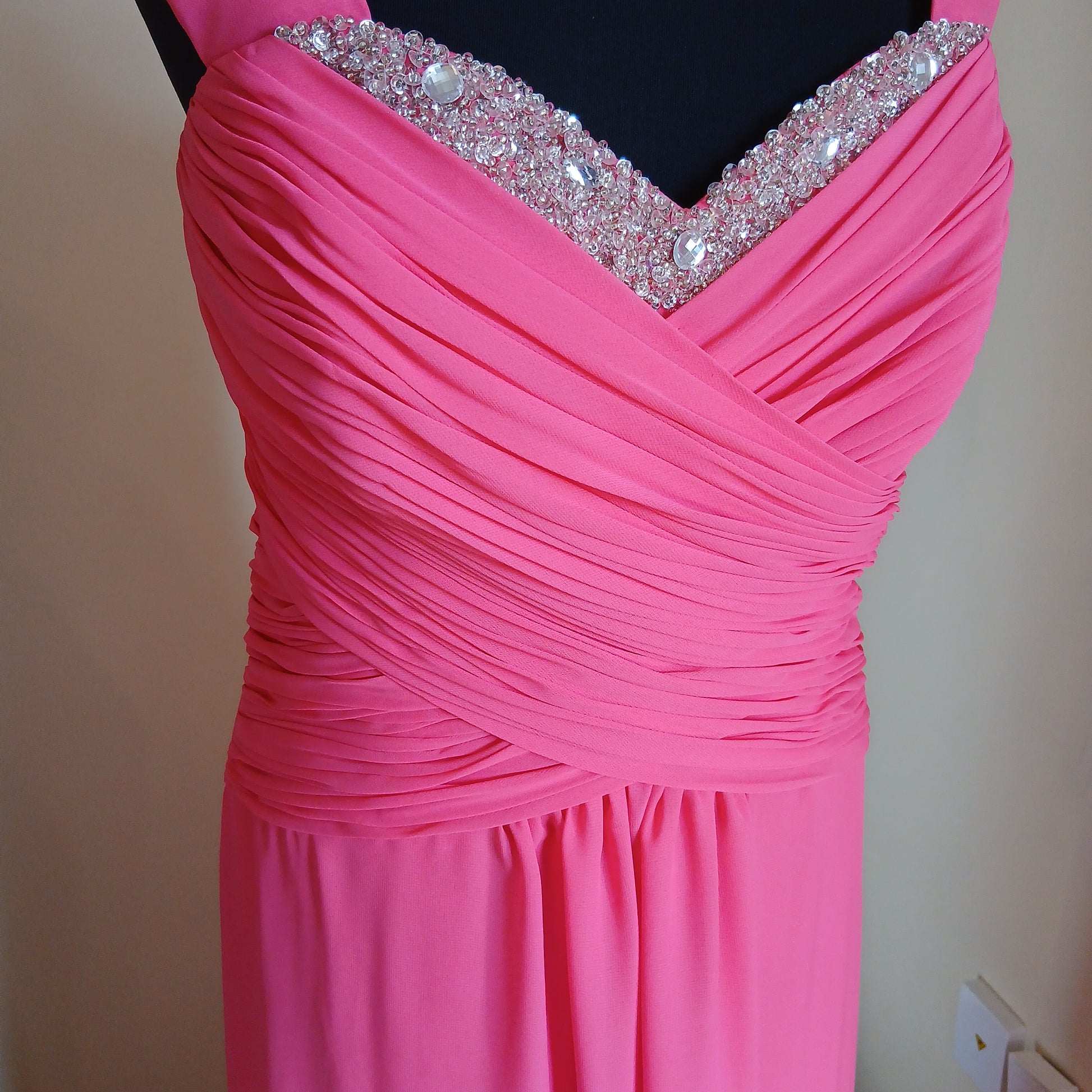 Pink  chiffon evening gown with sparkling embellishment on ruched bustline size 18 clearance sale