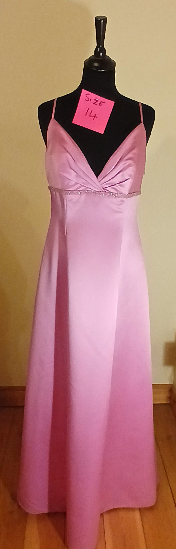 pink satin dress size 14 beautiful pleated bust detail and beaded band under bust