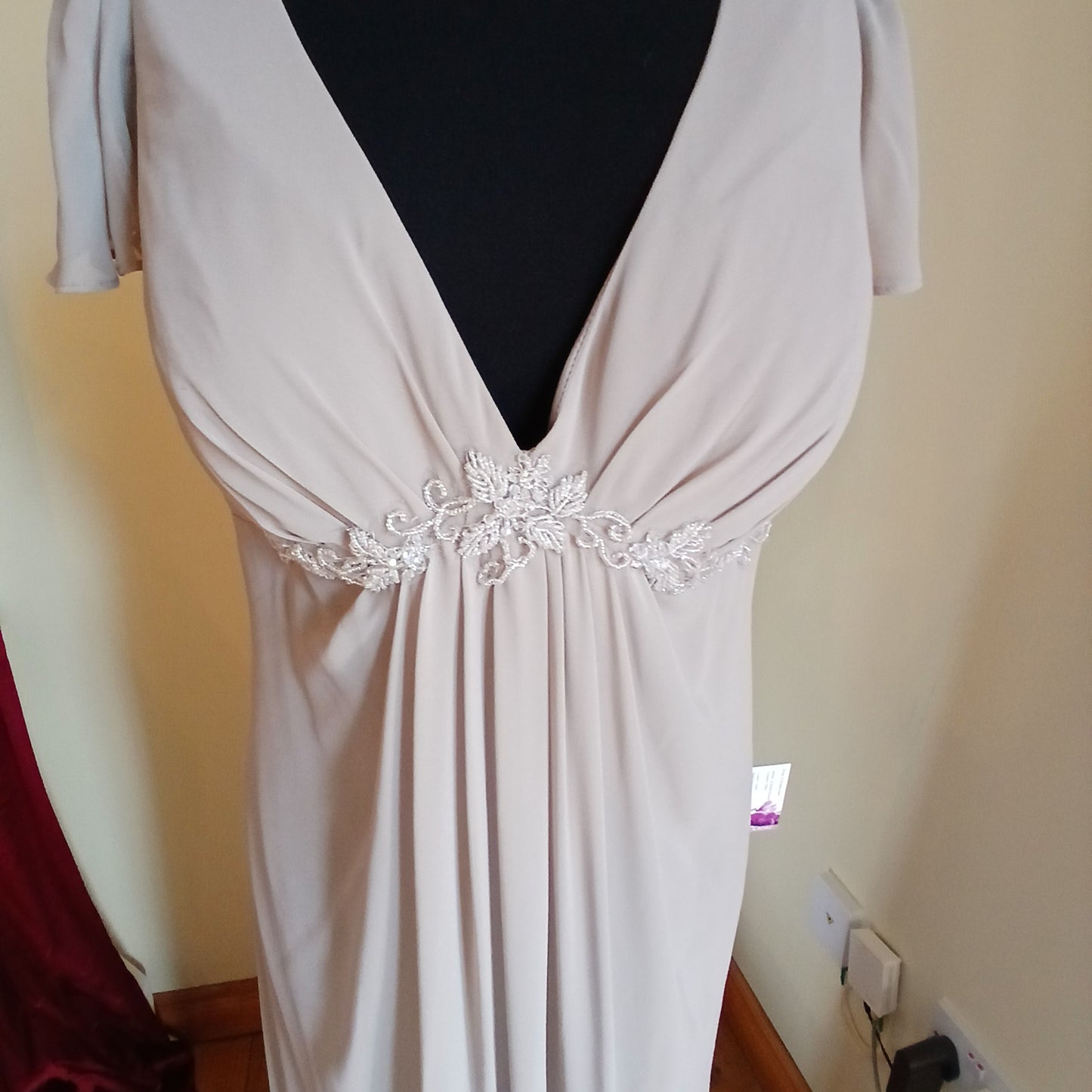 Taupe chiffon dress size 18 with cap sleeves, one of our clearance sale dresses