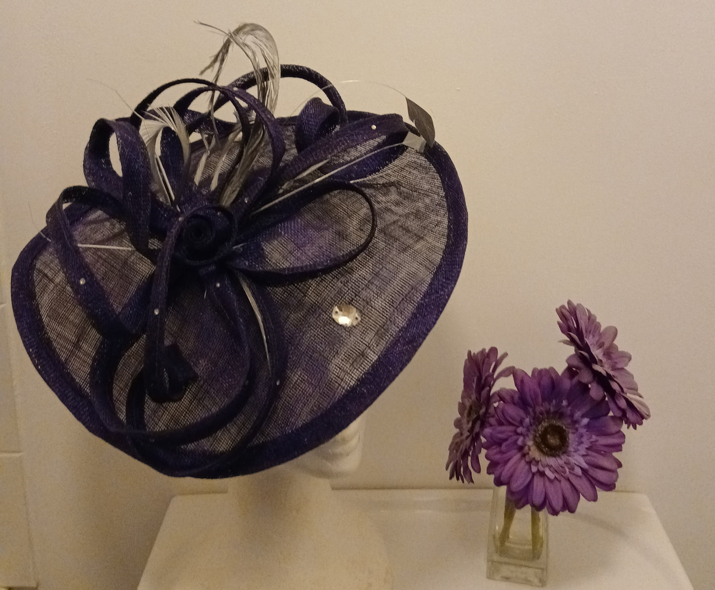 Fascinator/Hat b94 dark purple  with crystal  stones
