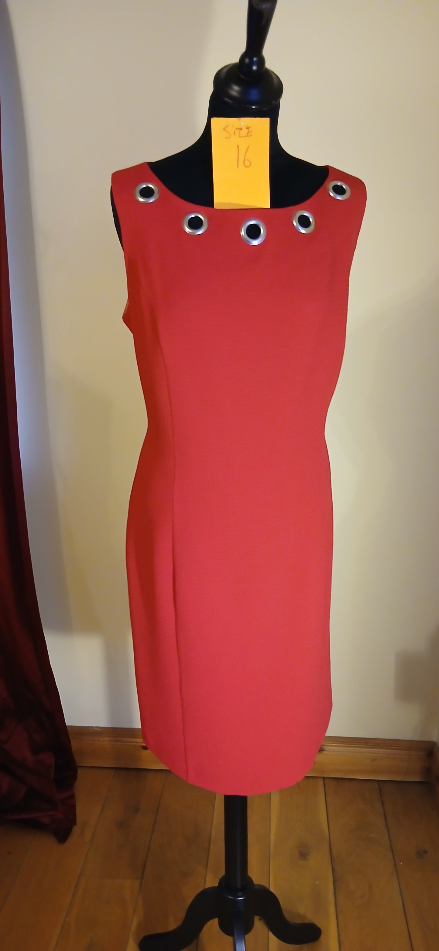 Red Dress with rings detail at neckline size 16, one of our on clearance sale Dresses 
