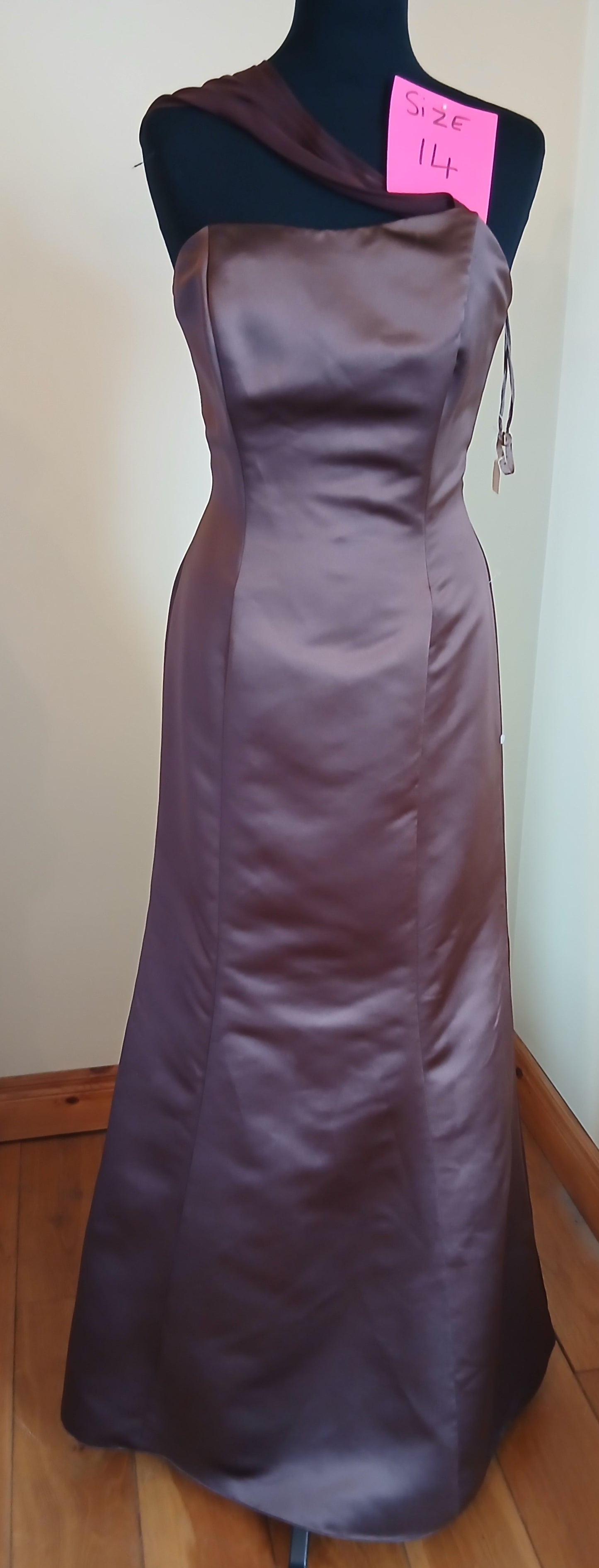 brown  satin dress full  view 