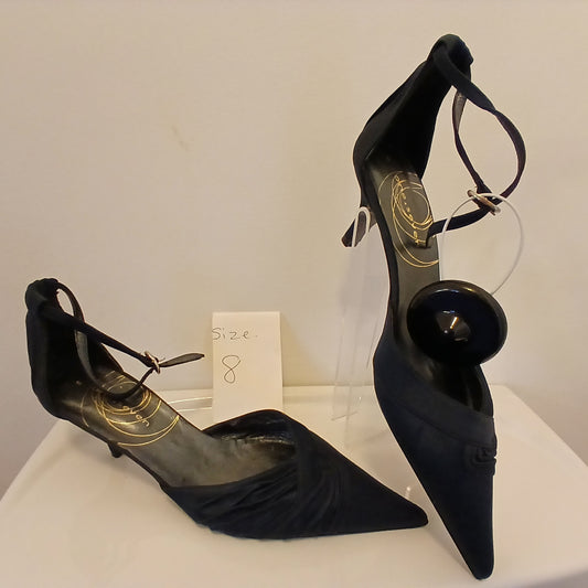 Black pleated  low heel shoe with ankle strap  size 8