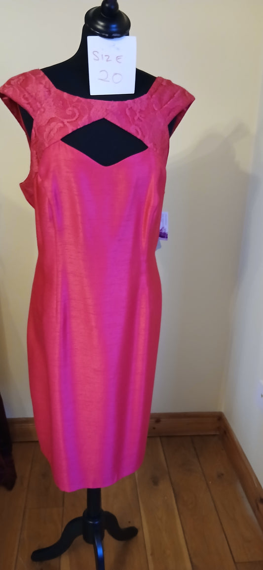 cerise dress size 20 with keyhole deign at neck lace detail on top of Dress . in  our clearance sale, so grab a bargain