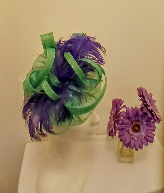 Fascinator lara  turquoise with Purple Ostrich Feathers