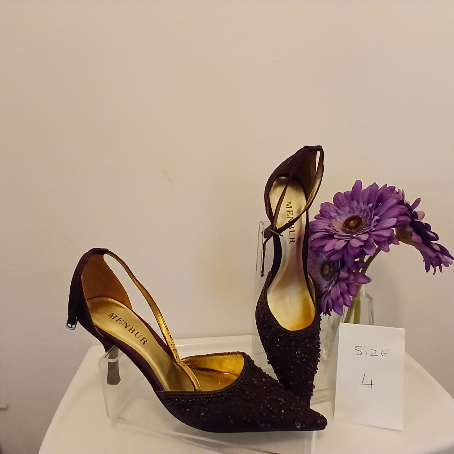 Purple  beaded   ankle strap shoes    size 4