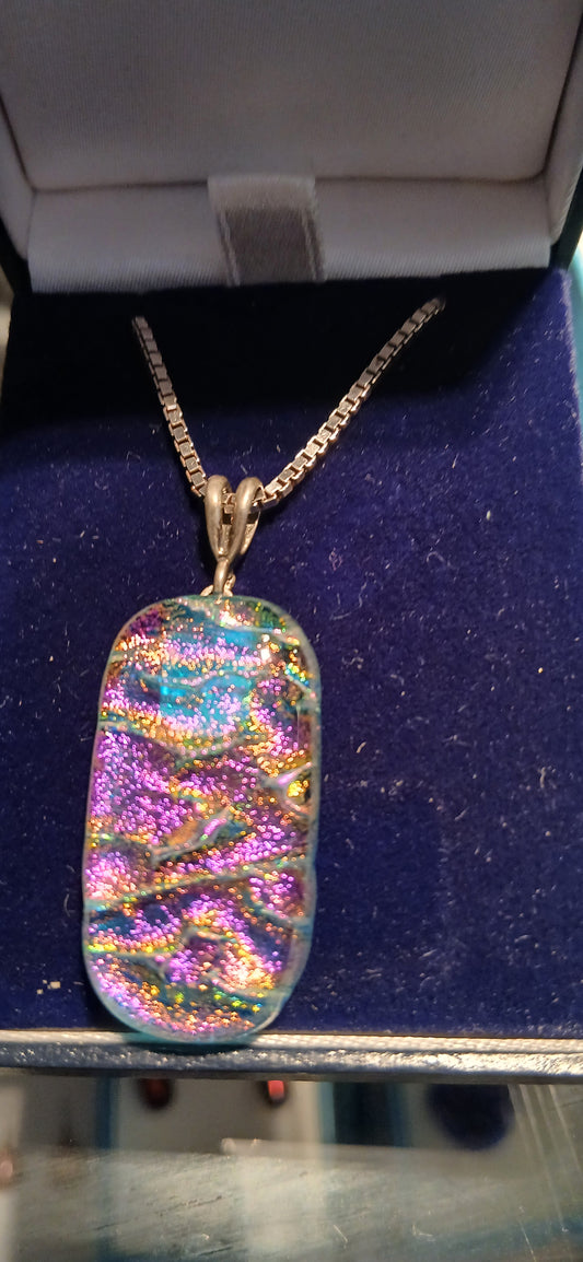  stunning dichroic glass, pink and gold on sterling silver 18 inch chain