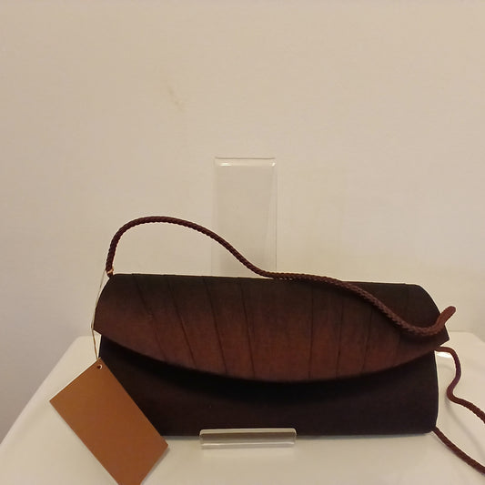 Brown satin  bag with pleated detail  and cord strap