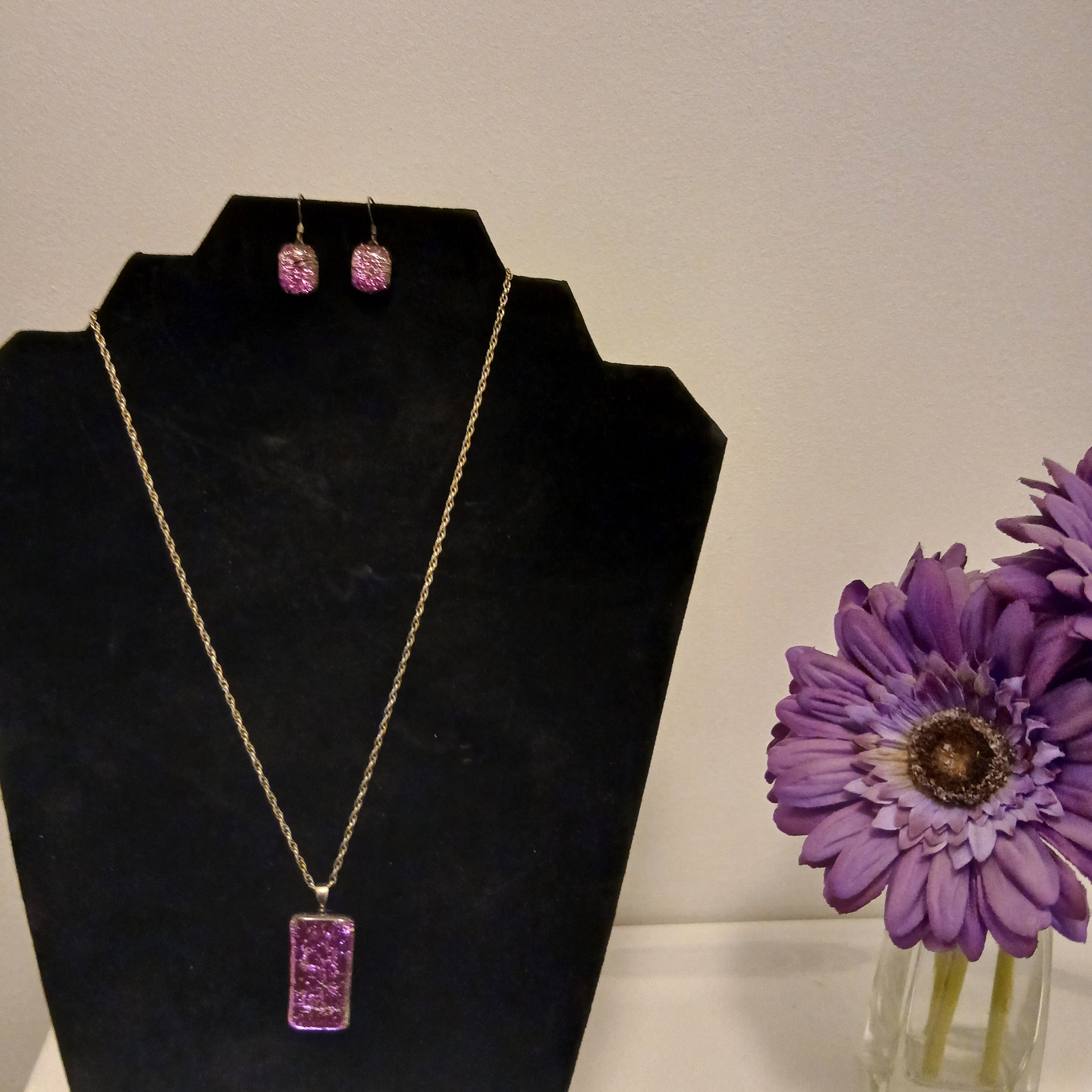 Dichroic necklace and earrings sterling silver chain and Ear wires