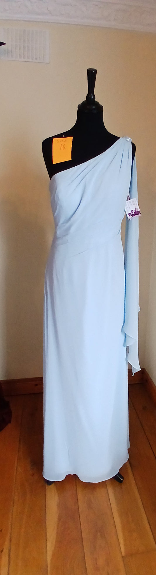 pale blue chiffon dress  with one shoulder and drape