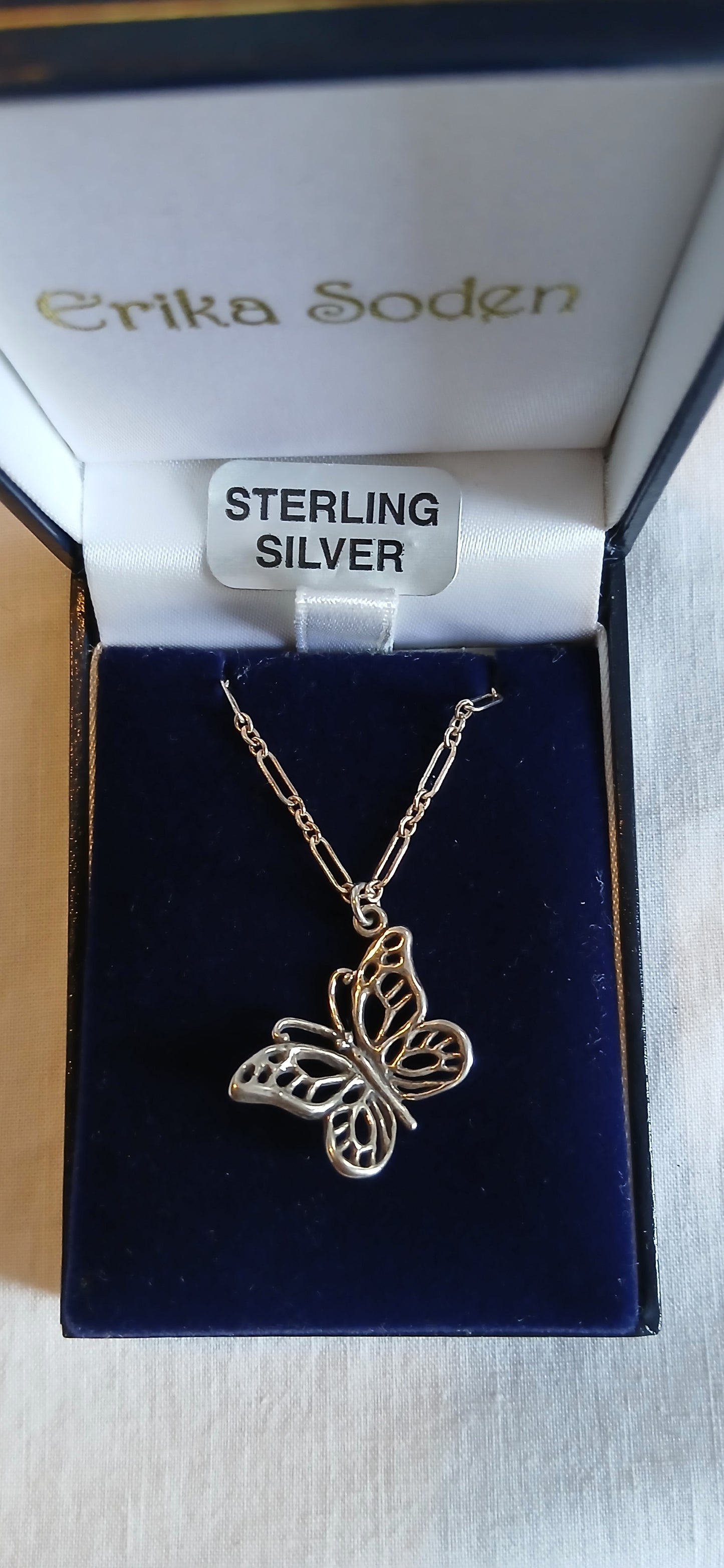 Sterling silver butterfly necklace featuring detailed butterfly pendant on 18-inch sterling silver 925 chain, presented in elegant gift box