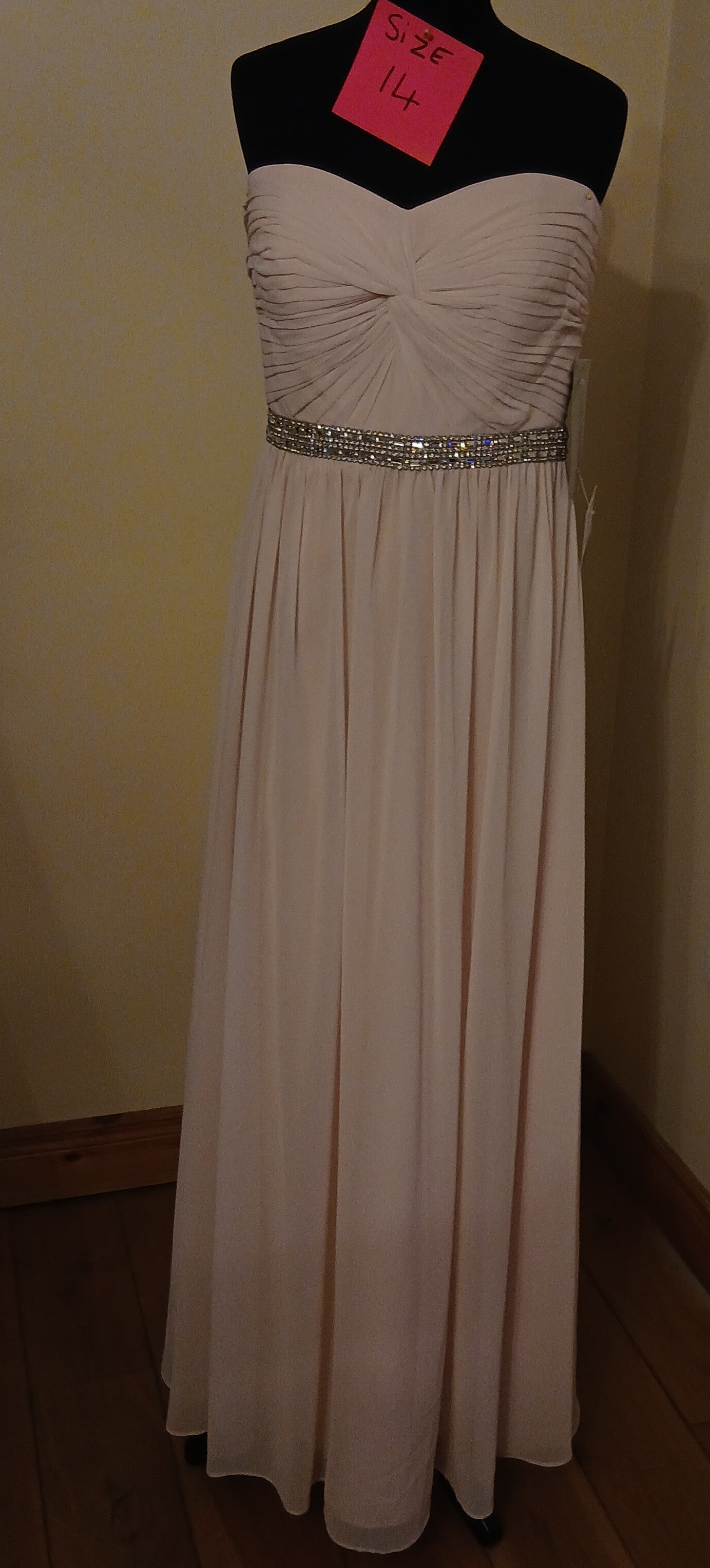 Pale pink  chiffon dress  with crystal diamante waistband size 14