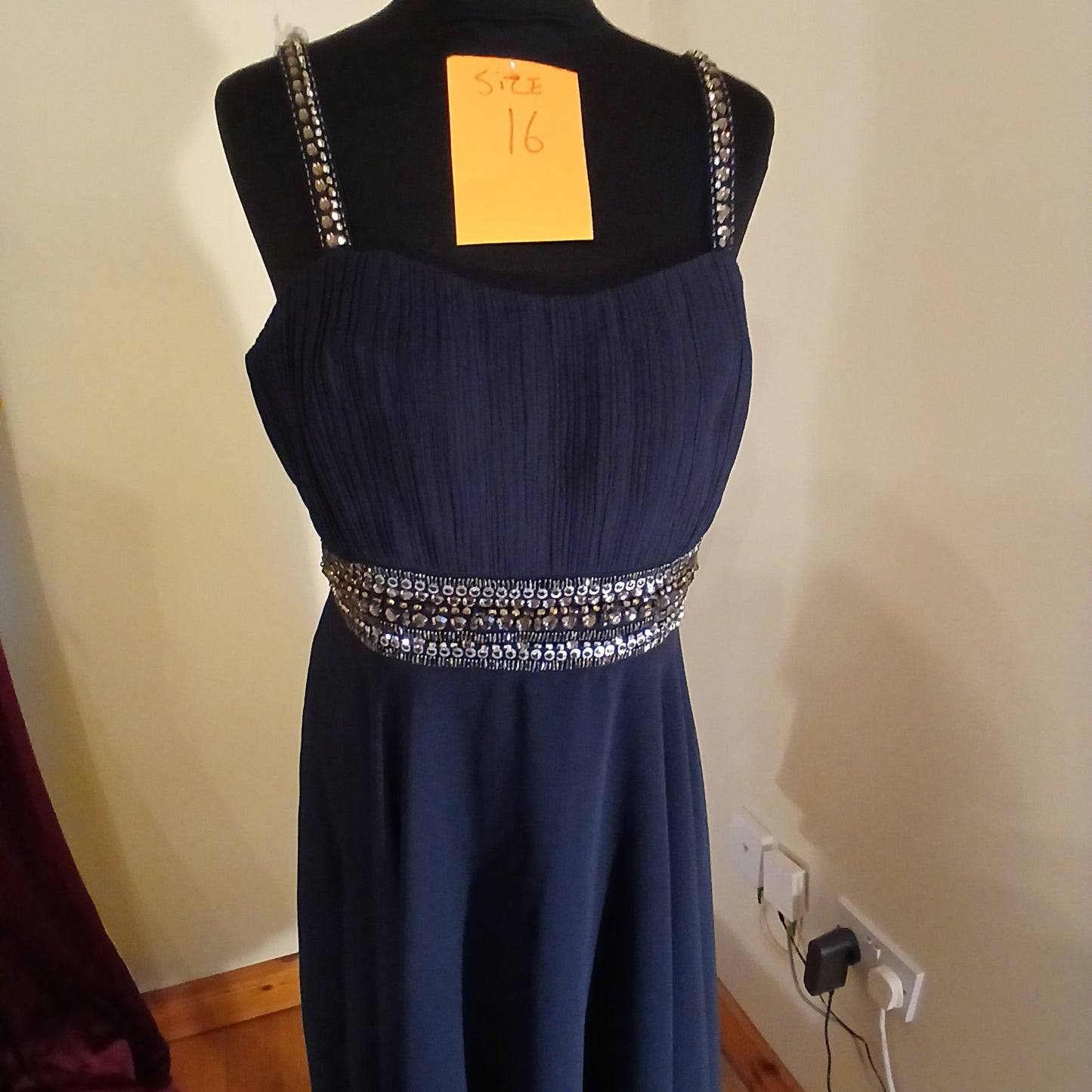 Navy dress with beaded strap and waist detail