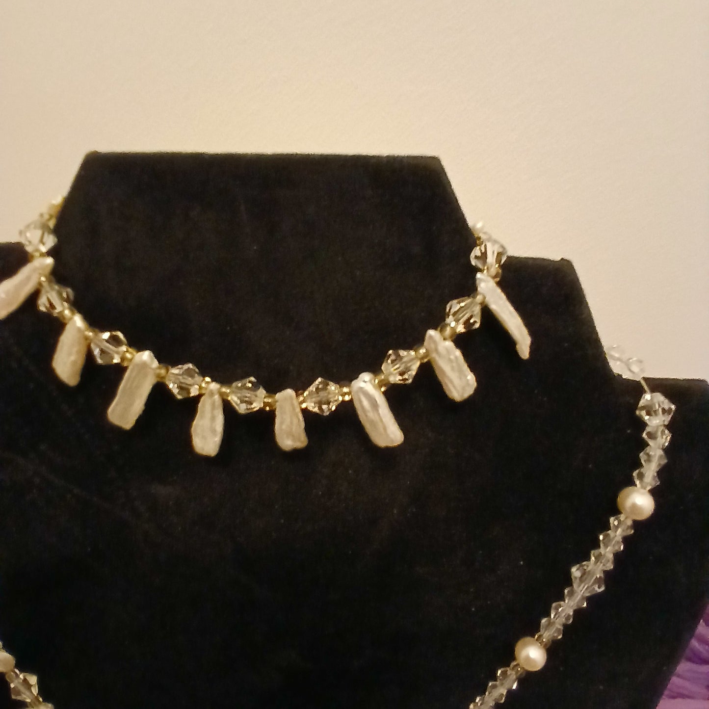 Close up of biwa pearls and Swarovski crystal beads