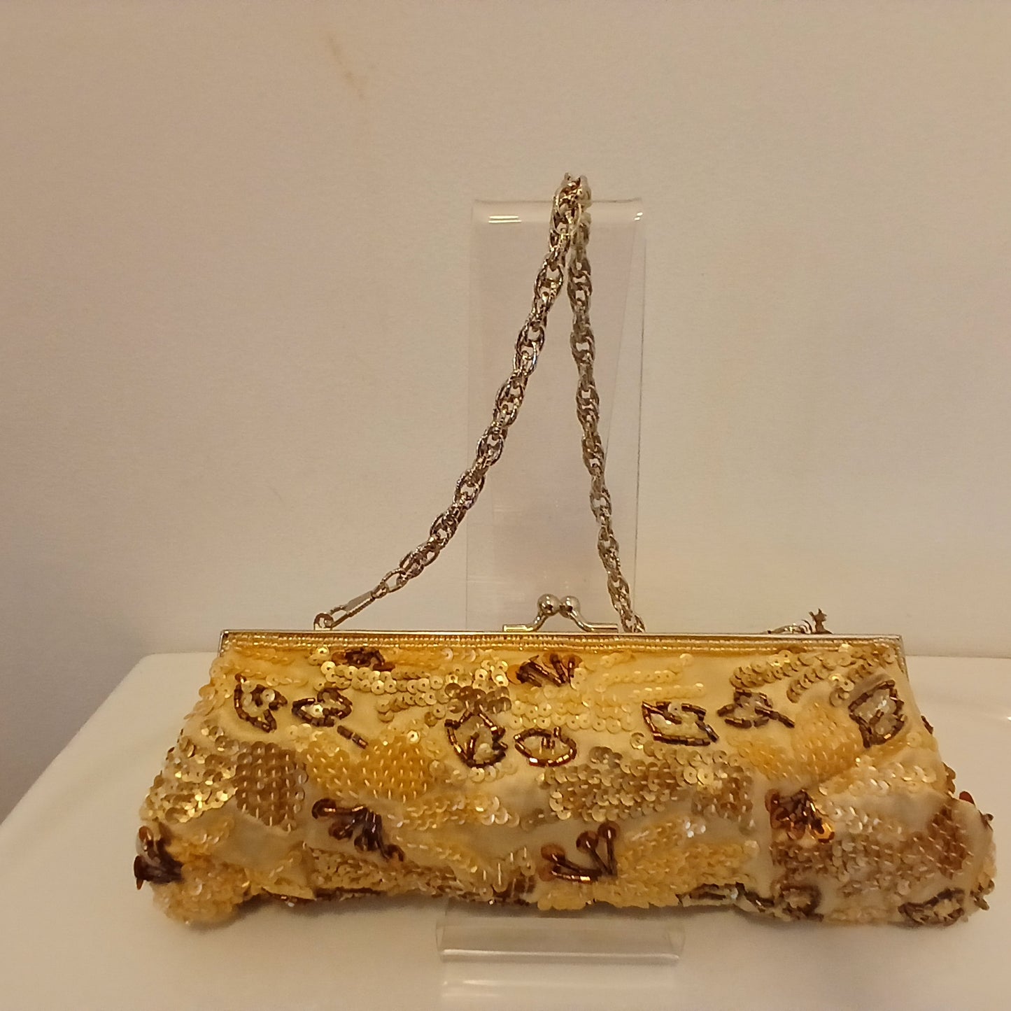 Gold brown  beaded  hand bag with chain strap