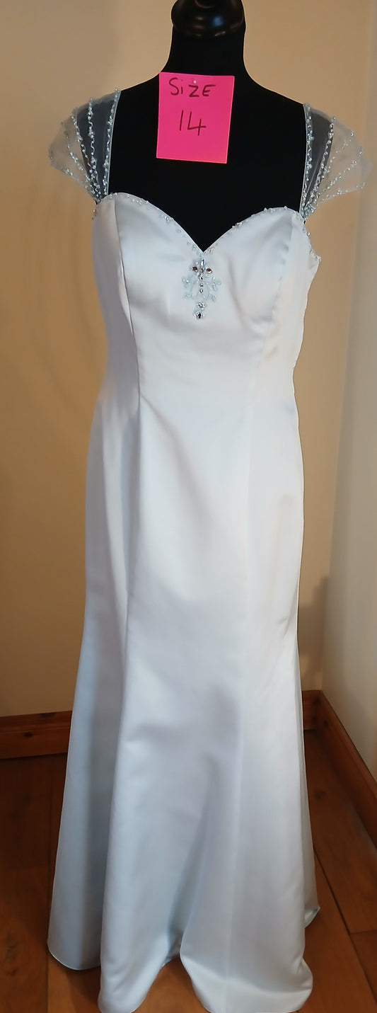 pale blue size 14 satin dress with mesh capped sleeves and back detail