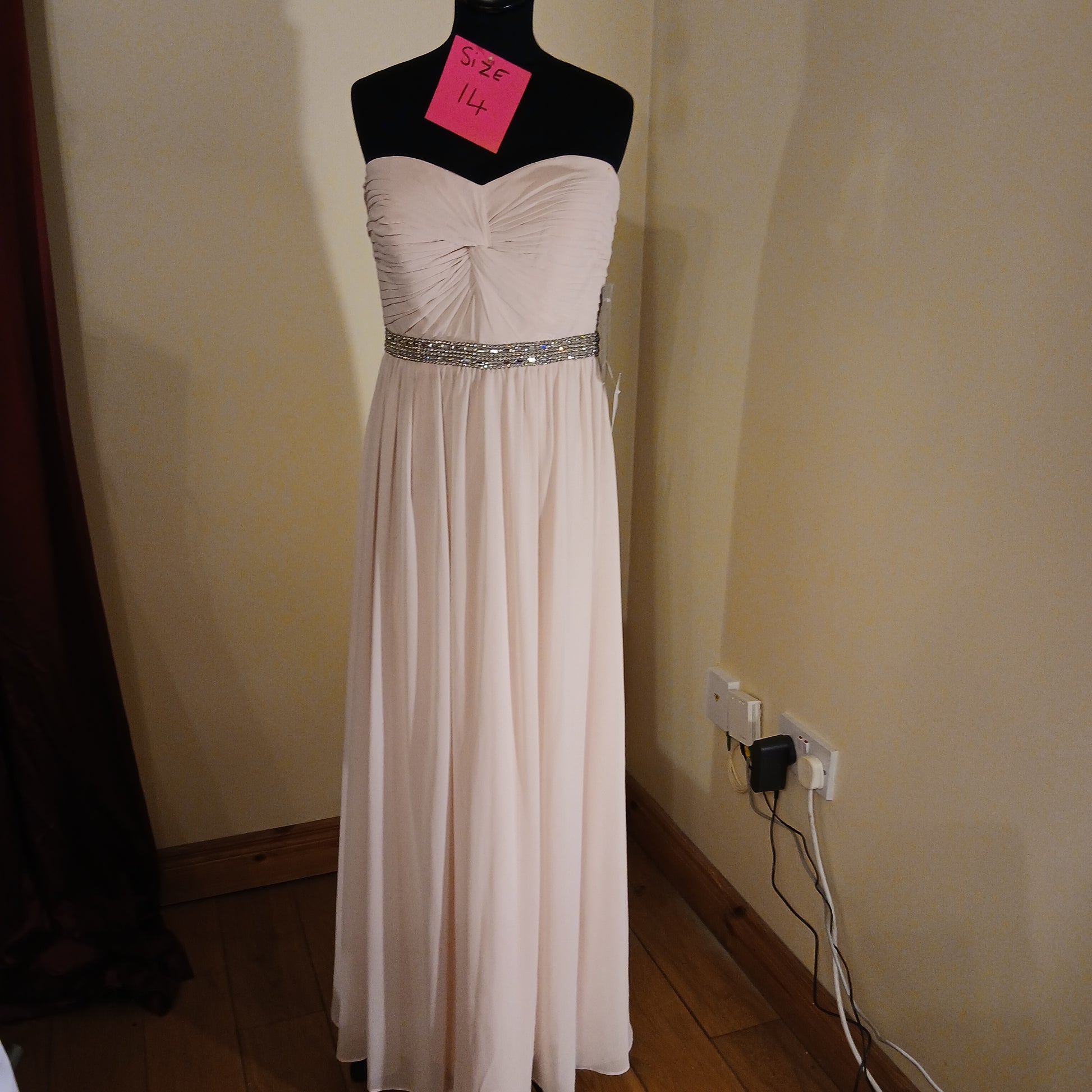 size 14 pale pink chiffon gown with crystal  waistband one of our clearance sale dresses , grab a bargain erikasfashionandbridal.com