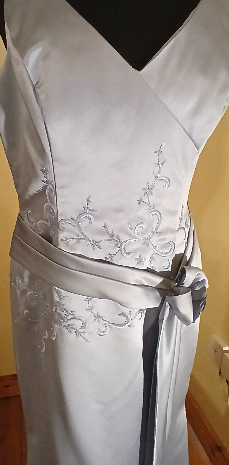 size 16 pale blue  satin dress with beautiful embroidery