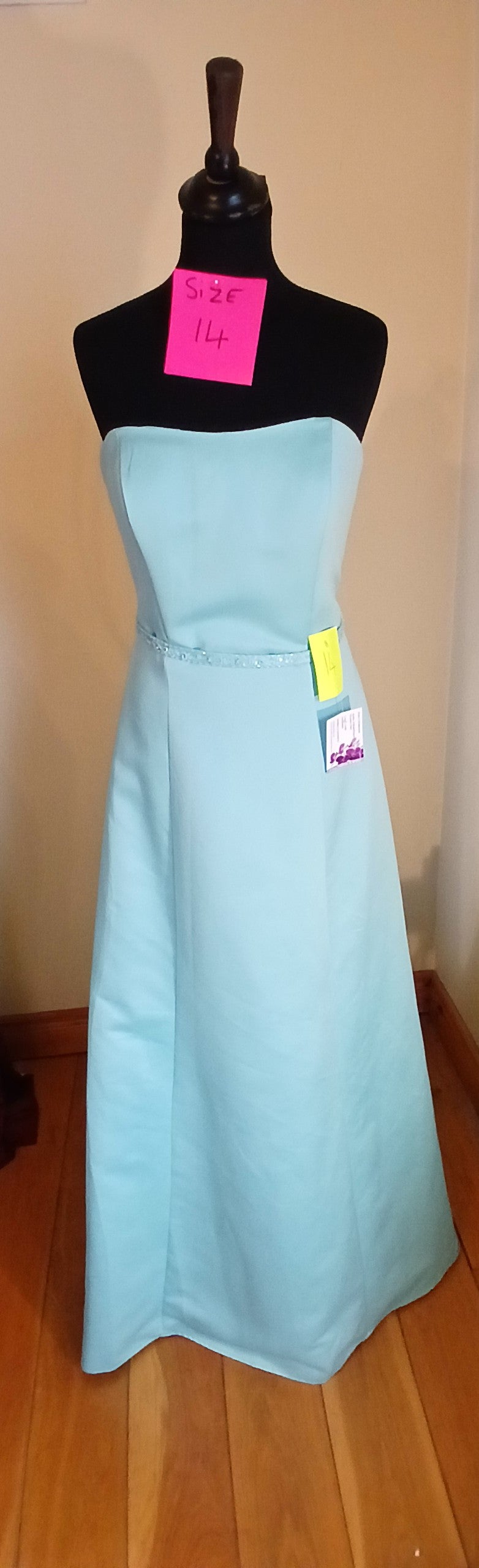 green-blue dress in satin size 14 with delicate beaded belt 