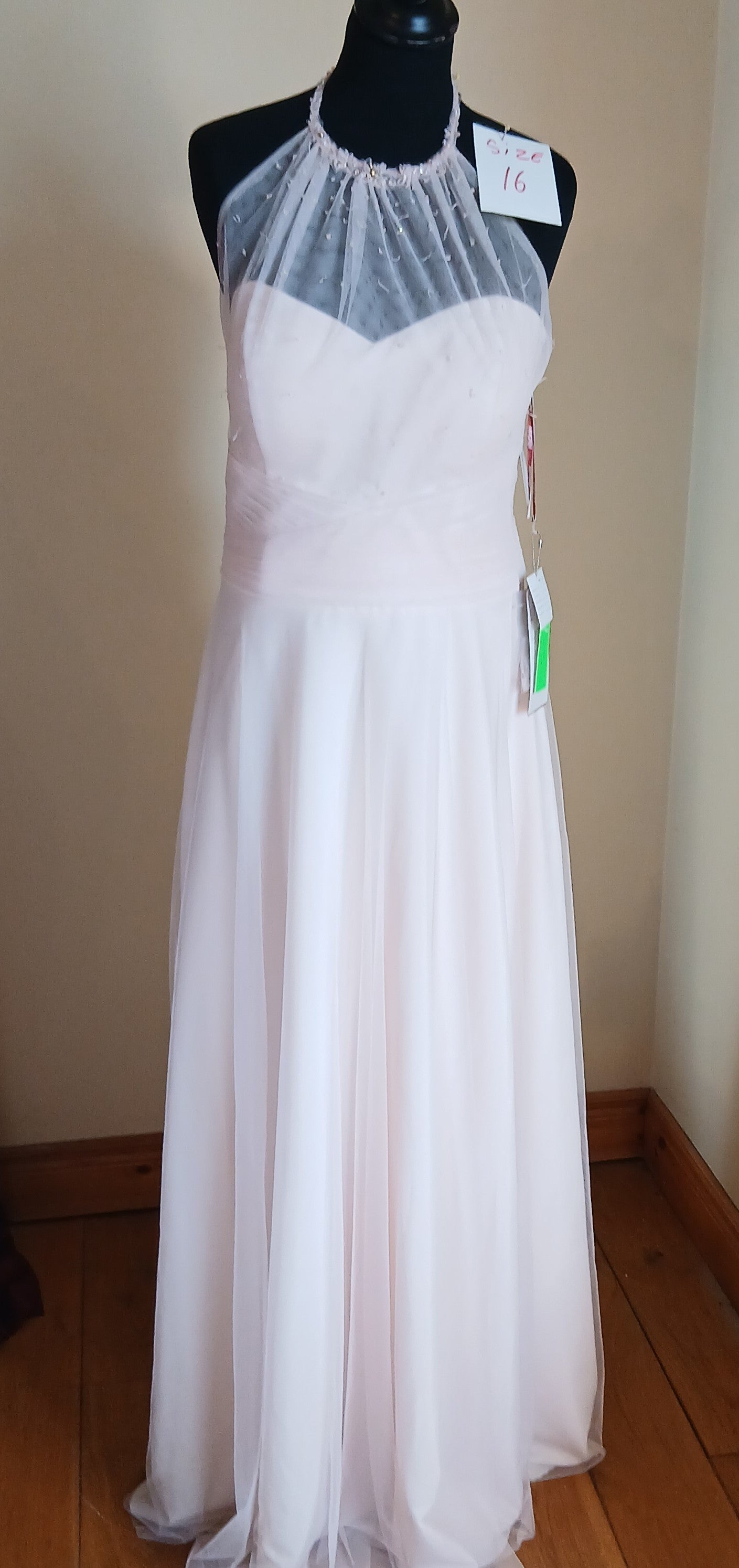 pale pink dress with halter neck and mesh overlay size 16 clearance sale