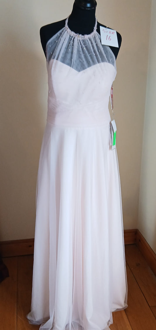 pale pink dress with halter neck and mesh overlay size 16 clearance sale