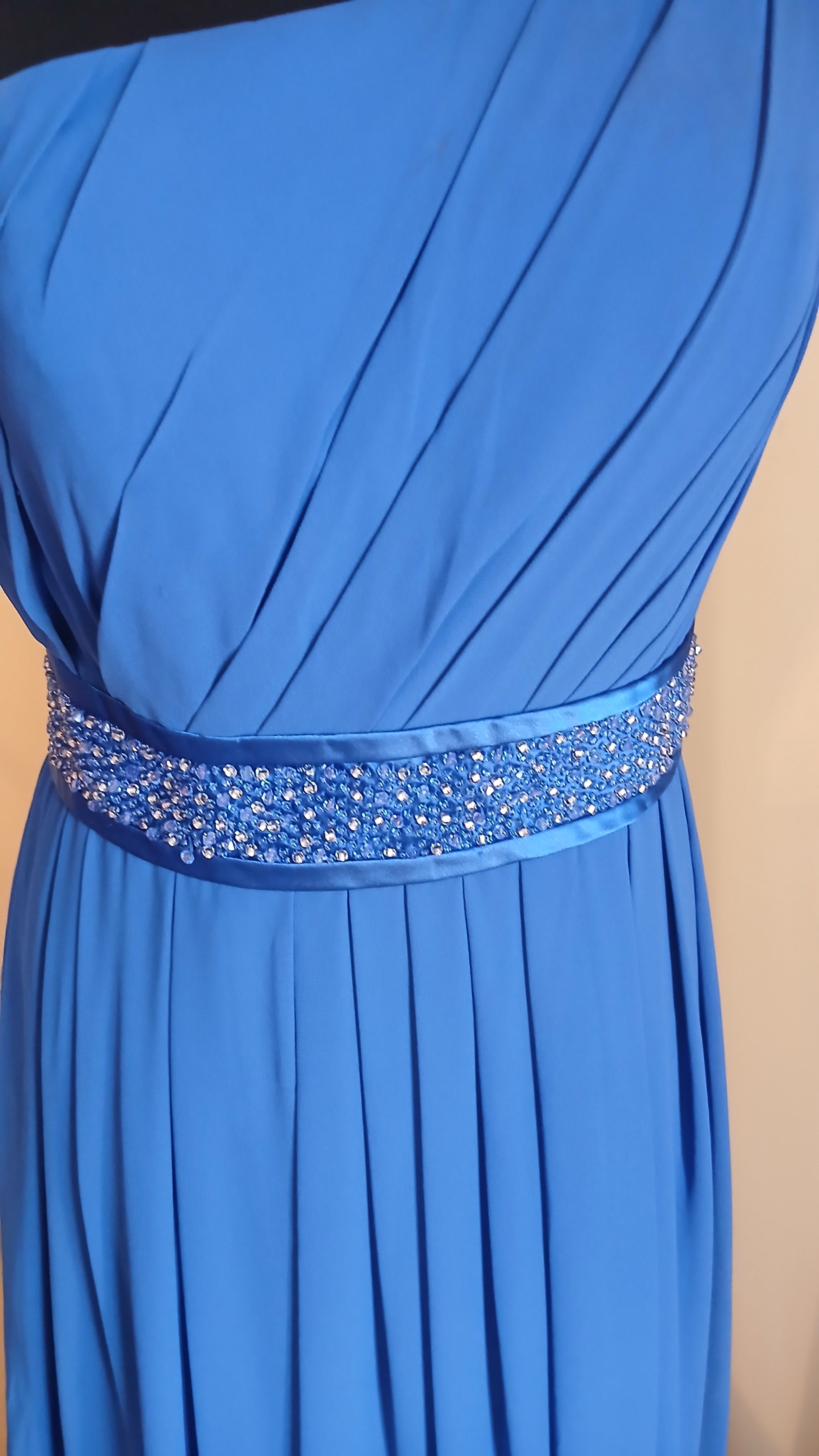 Blue pleated dress with a decorative band  size 14