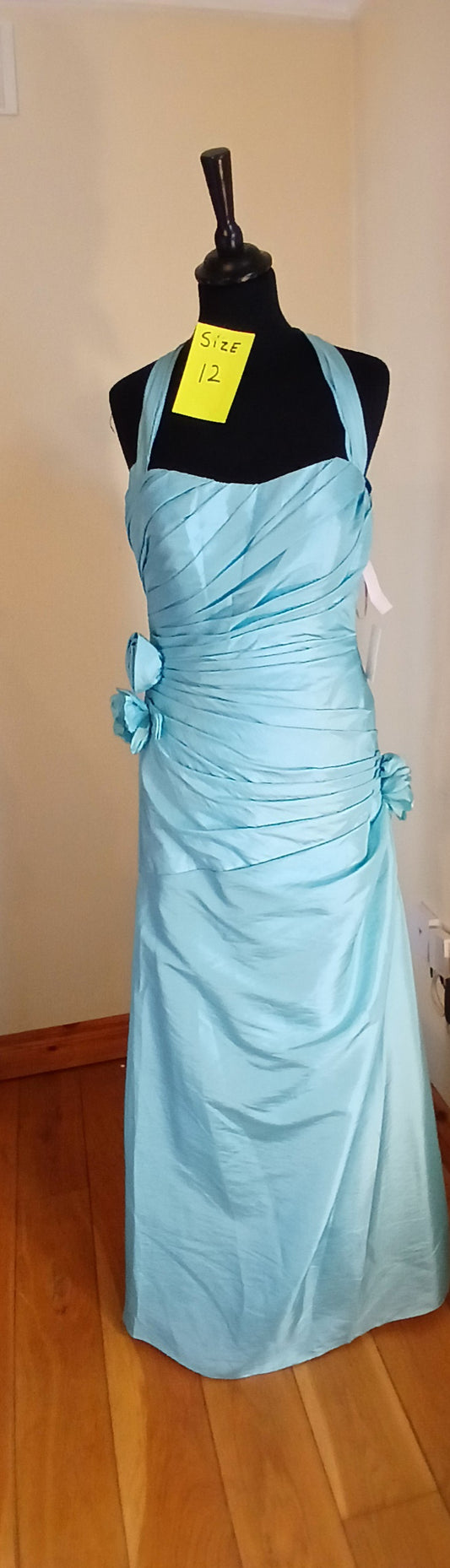 blue taffeta fitted dress with halter neck  floral detail at waist and hip